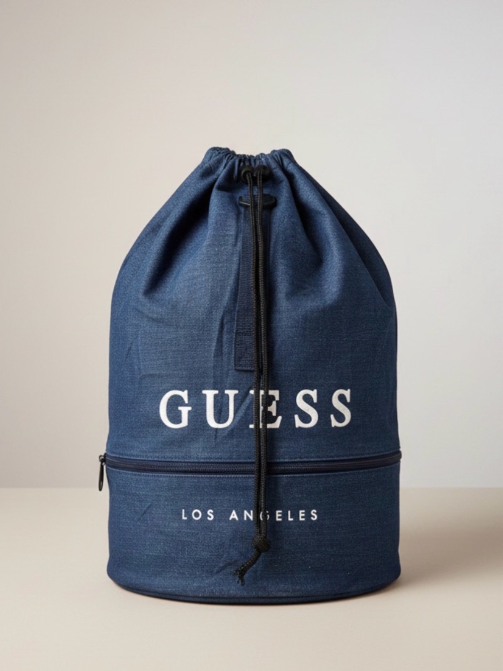 GUESS Denim Large Navy Drawstring Duffel Bag with Zippered Base